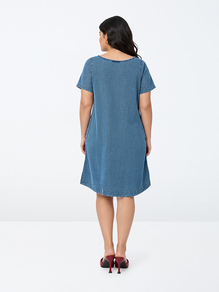 Gia Blue Solid Denim Cotton Straight Dress