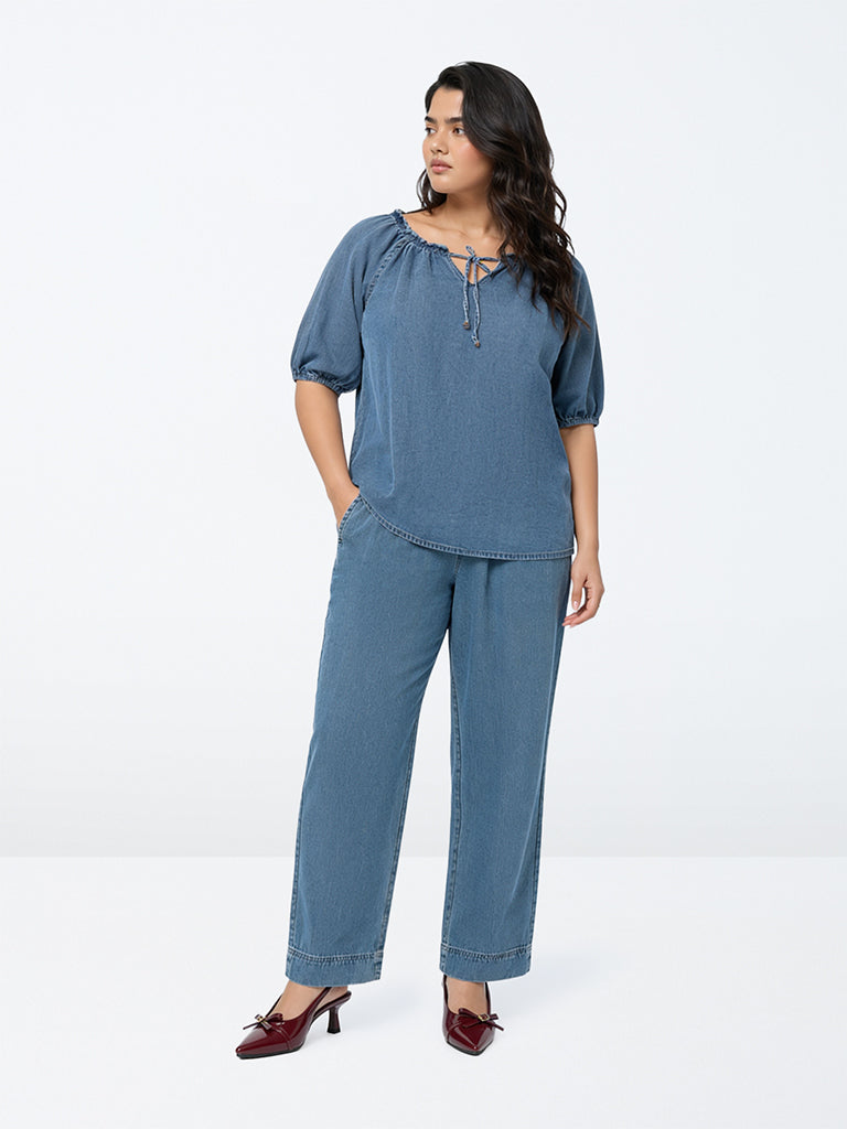 Gia Blue Solid High-Rise Denim Trousers
