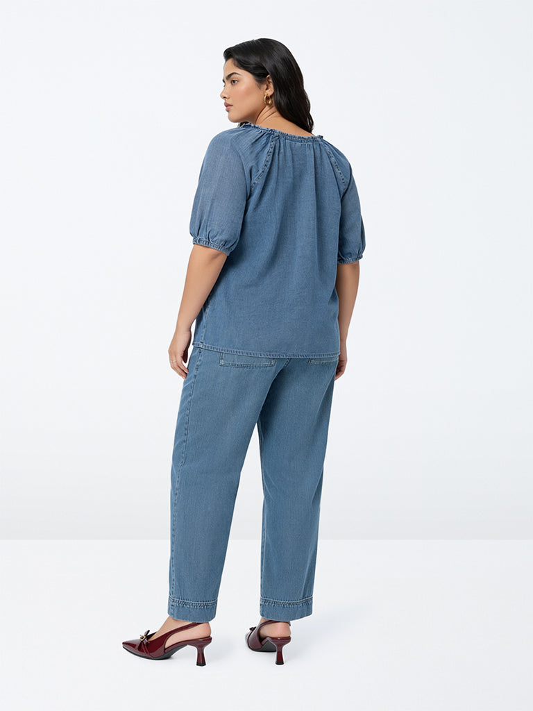 Gia Blue Solid High-Rise Denim Trousers