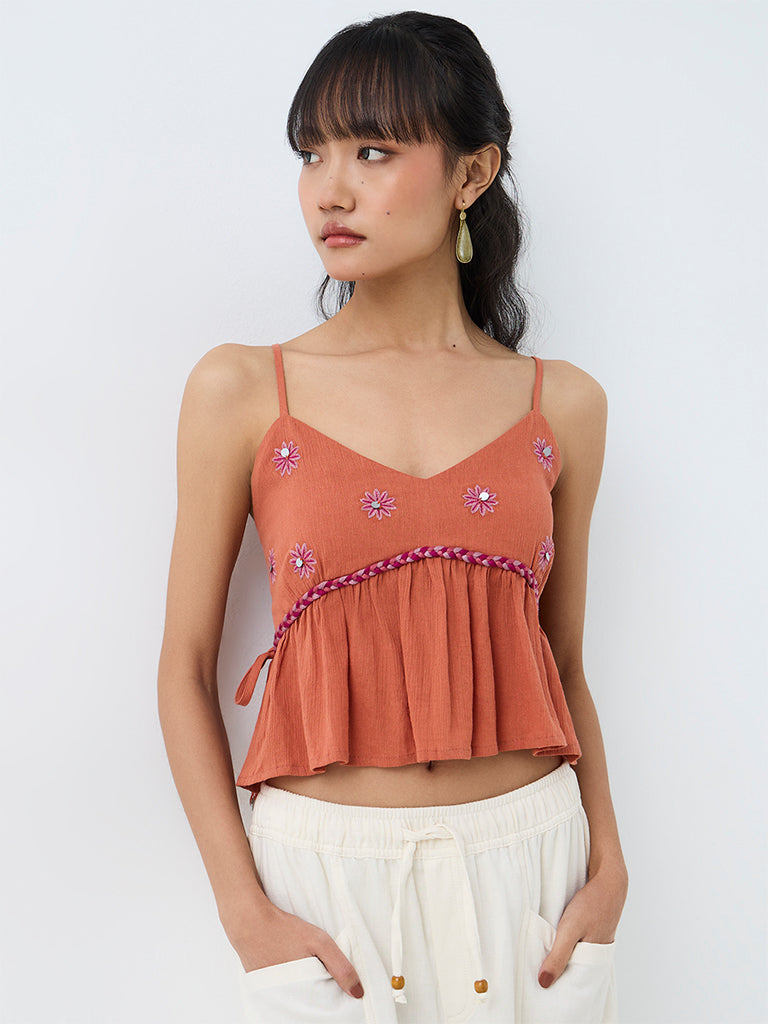 Bombay Paisley Orange Floral Embroidered Peplum Cotton Top