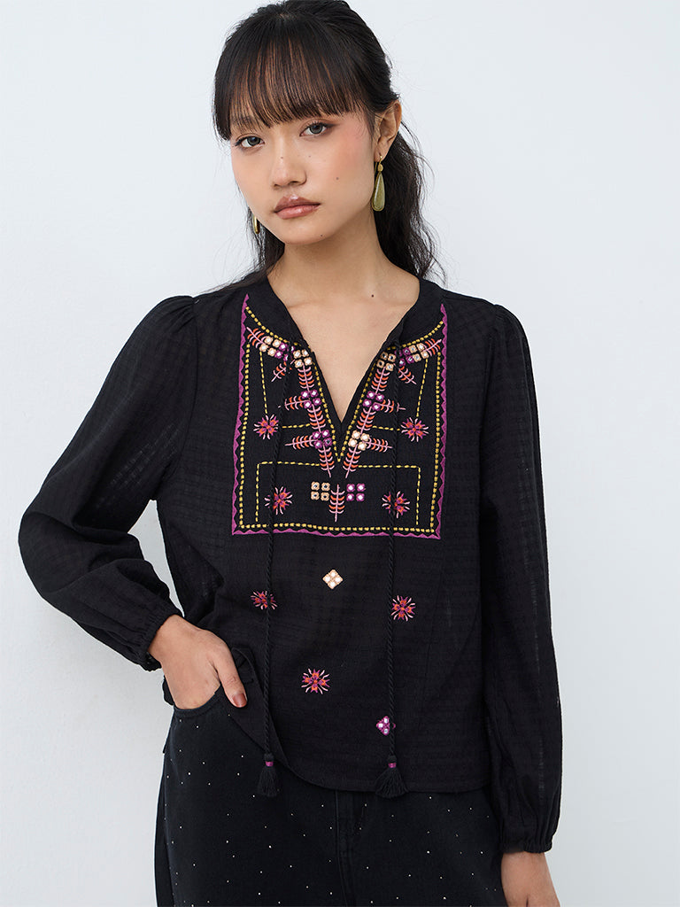 Bombay Paisley Black Floral Embroidered Cotton Blouse