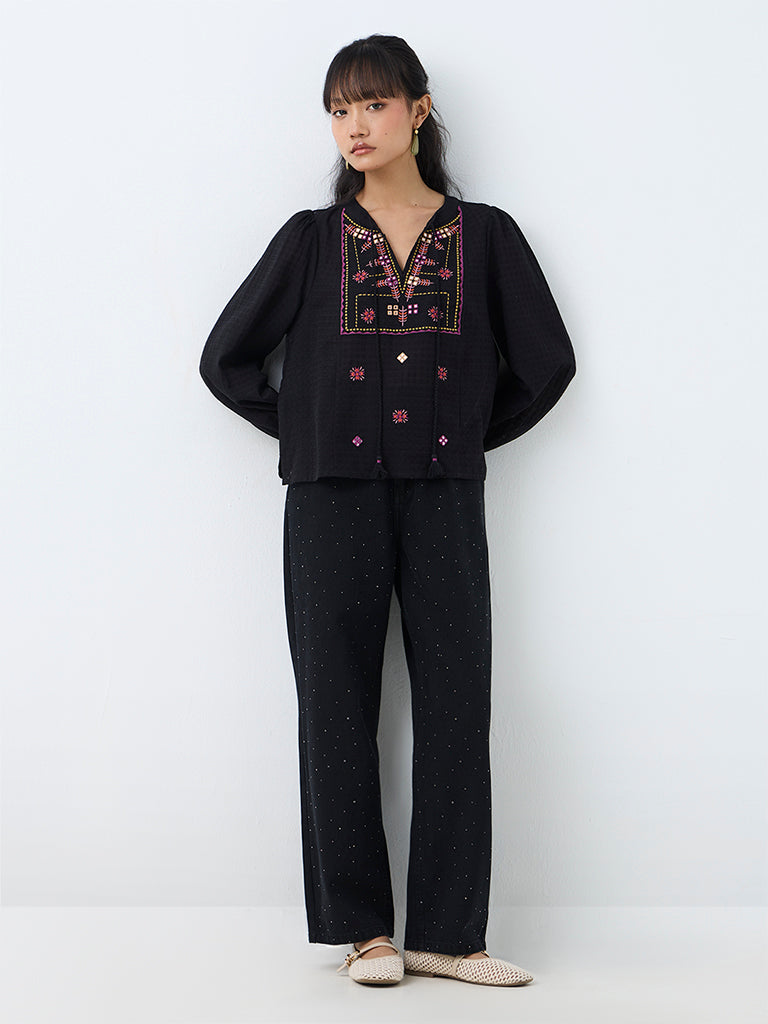 Bombay Paisley Black Floral Embroidered Cotton Blouse