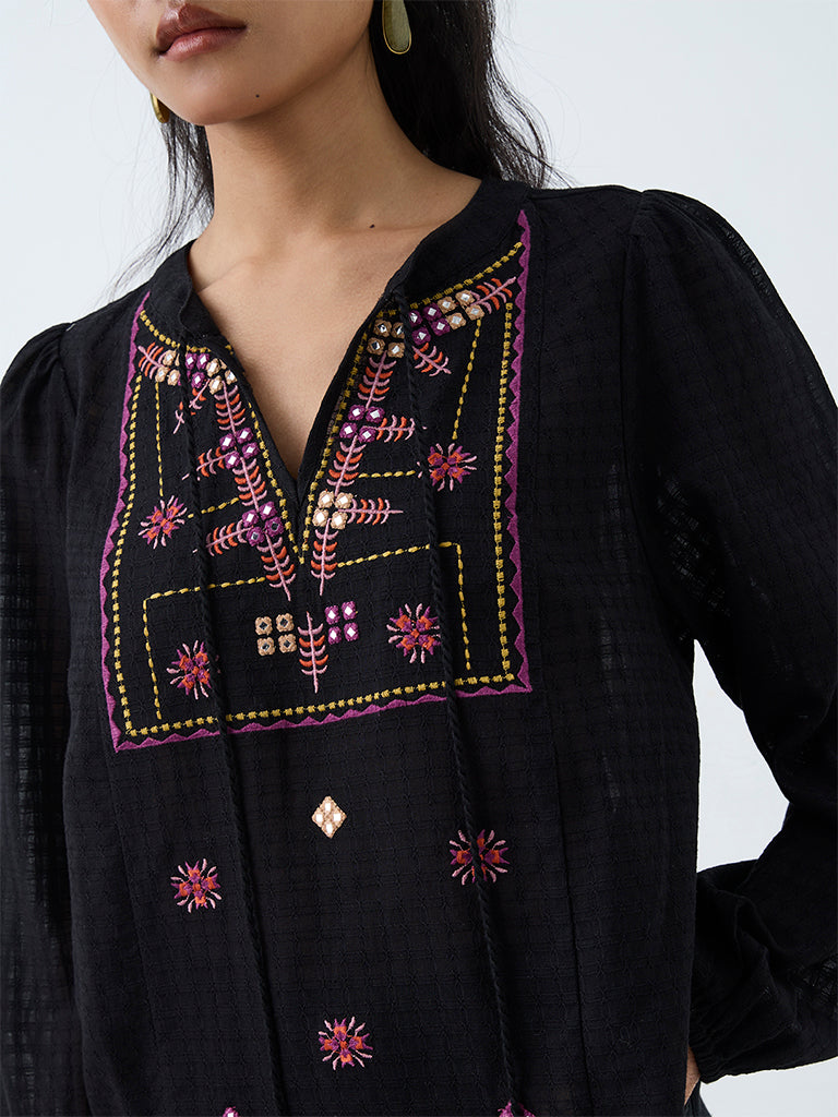 Bombay Paisley Black Floral Embroidered Cotton Blouse