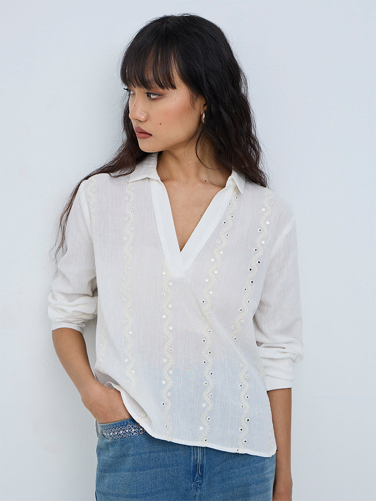 Bombay Paisley Off-White Mirror Embroidered Cotton Blouse