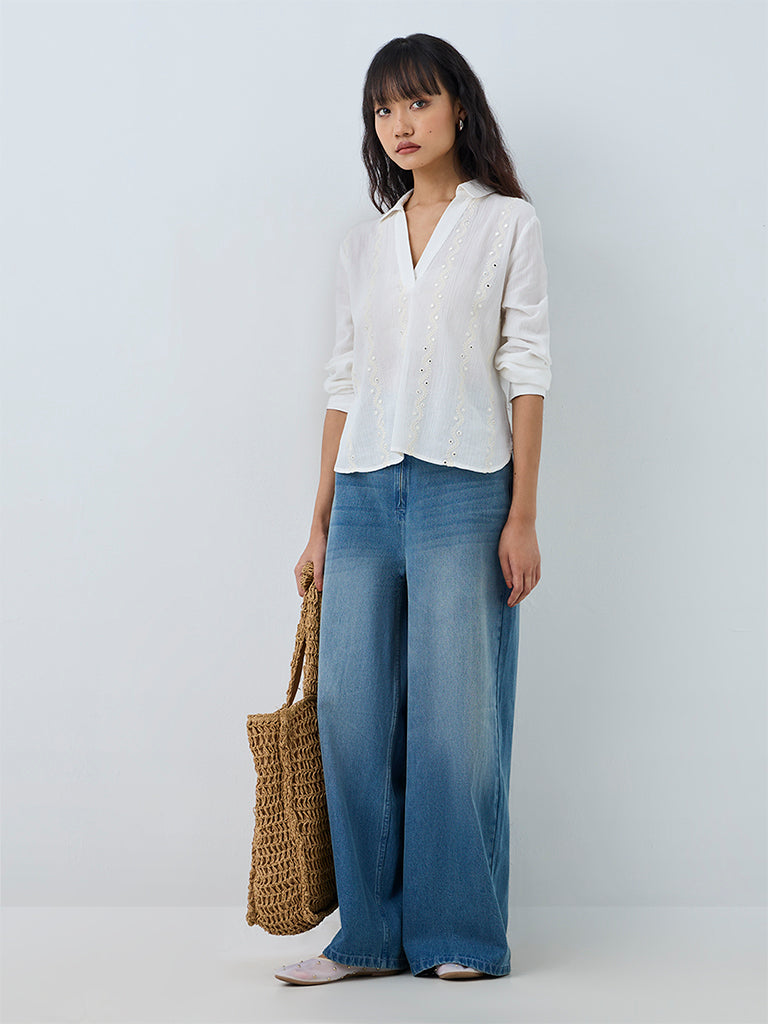 Bombay Paisley Off-White Mirror Embroidered Cotton Blouse