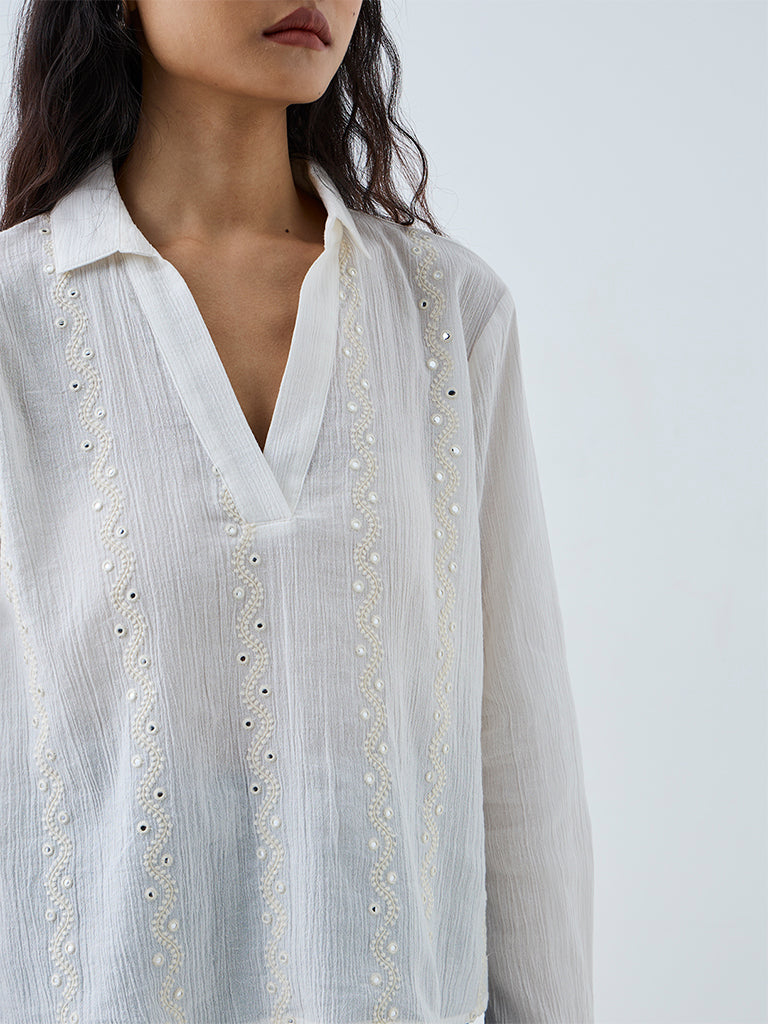 Bombay Paisley Off-White Mirror Embroidered Cotton Blouse