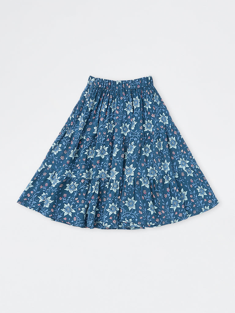 Utsa Kids Girls Dark Blue Floral Printed Tiered Skirt (2-8 yrs)