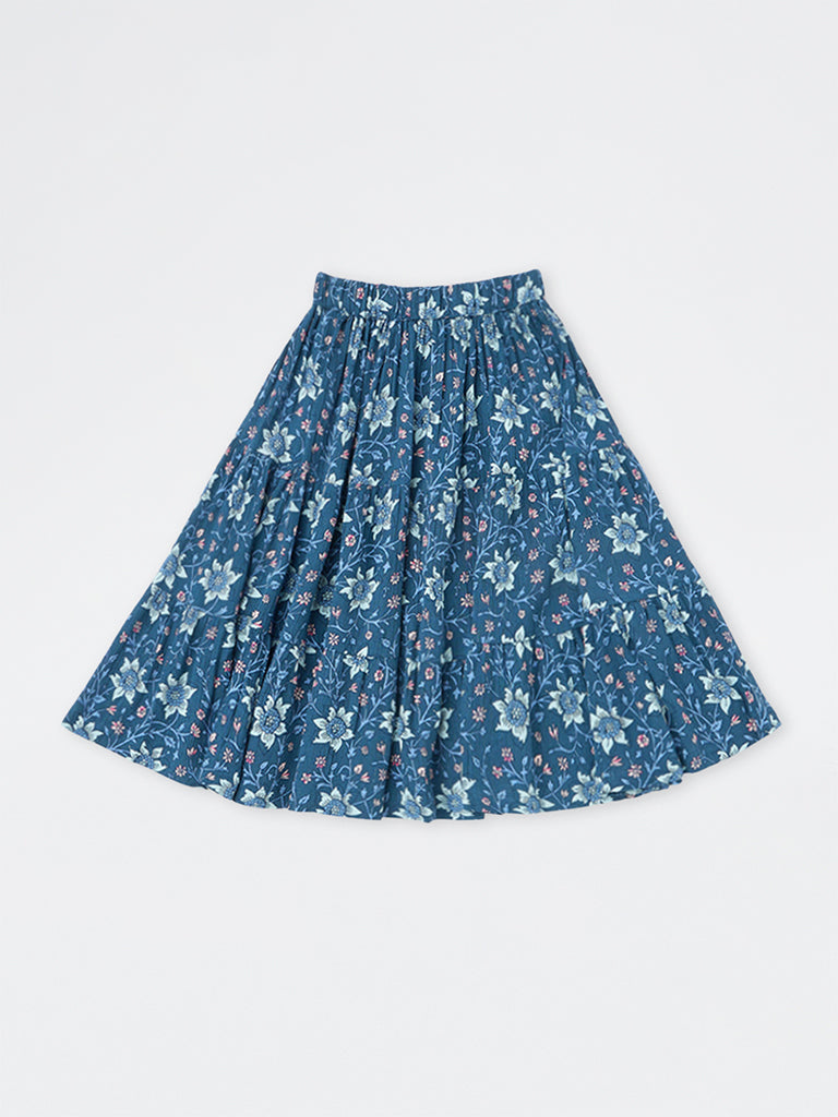 Utsa Kids Girls Dark Blue Floral Printed Tiered Skirt (2-8 yrs)