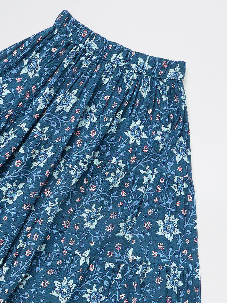 Utsa Kids Girls Dark Blue Floral Printed Tiered Skirt (2-8 yrs)