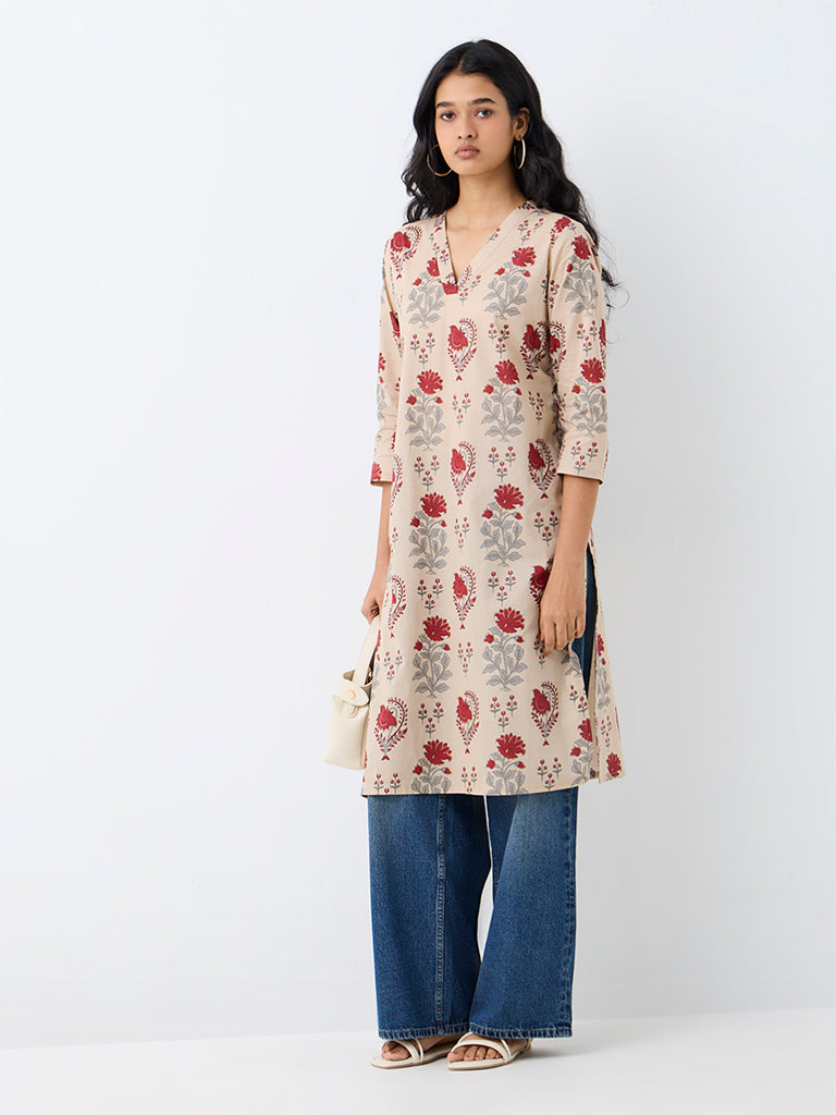 Utsa Beige Floral Printed Cotton Straight Kurta