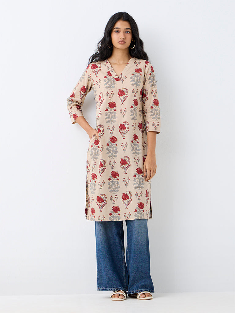 Utsa Beige Floral Printed Cotton Straight Kurta