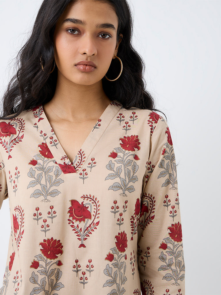 Utsa Beige Floral Printed Cotton Straight Kurta