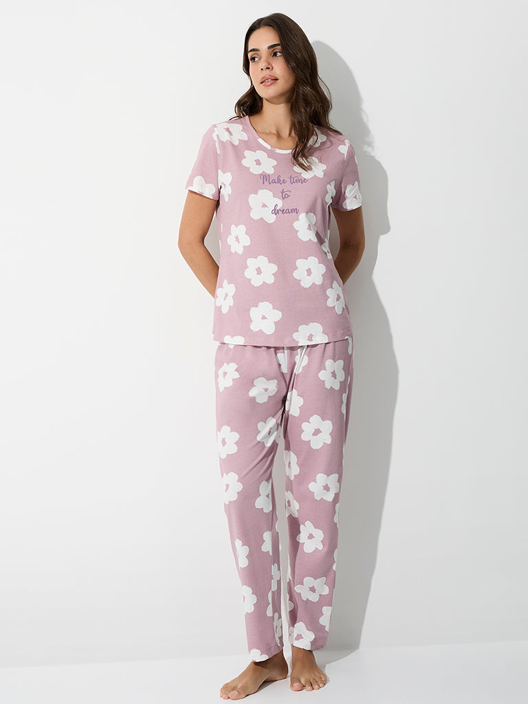 Wunderlove Light Mauve Floral Cotton T-Shirt and Pants Set