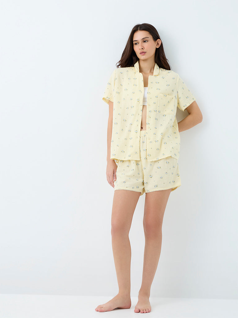 Wunderlove Yellow Floral Printed Shirt and Shorts Set