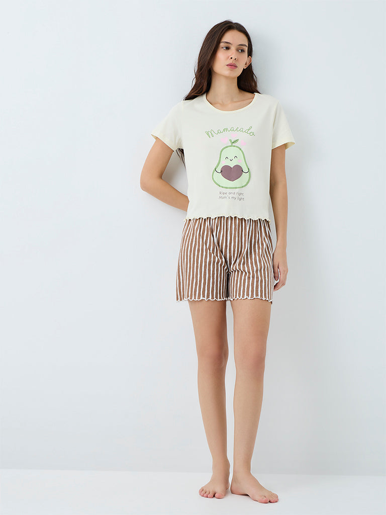 Wunderlove Off-White Graphic Printed Cotton T-Shirt and Shorts Set