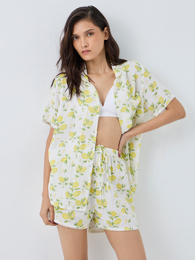 Wunderlove Yellow Lemon Pattern Cotton Shirt and Shorts Set