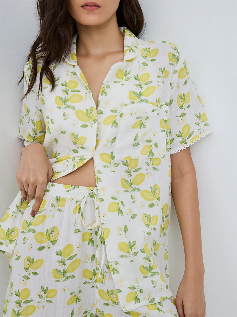Wunderlove Yellow Lemon Pattern Cotton Shirt and Shorts Set