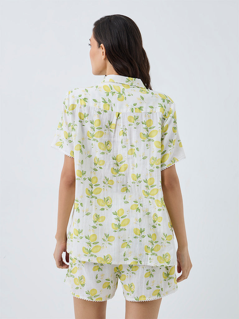 Wunderlove Yellow Lemon Pattern Cotton Shirt and Shorts Set