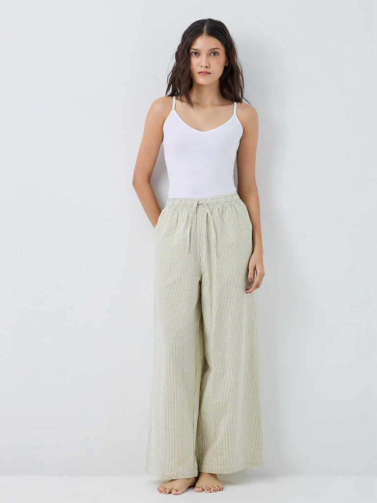 Wunderlove Sage Gingham Checkered High-Rise Cotton Pants