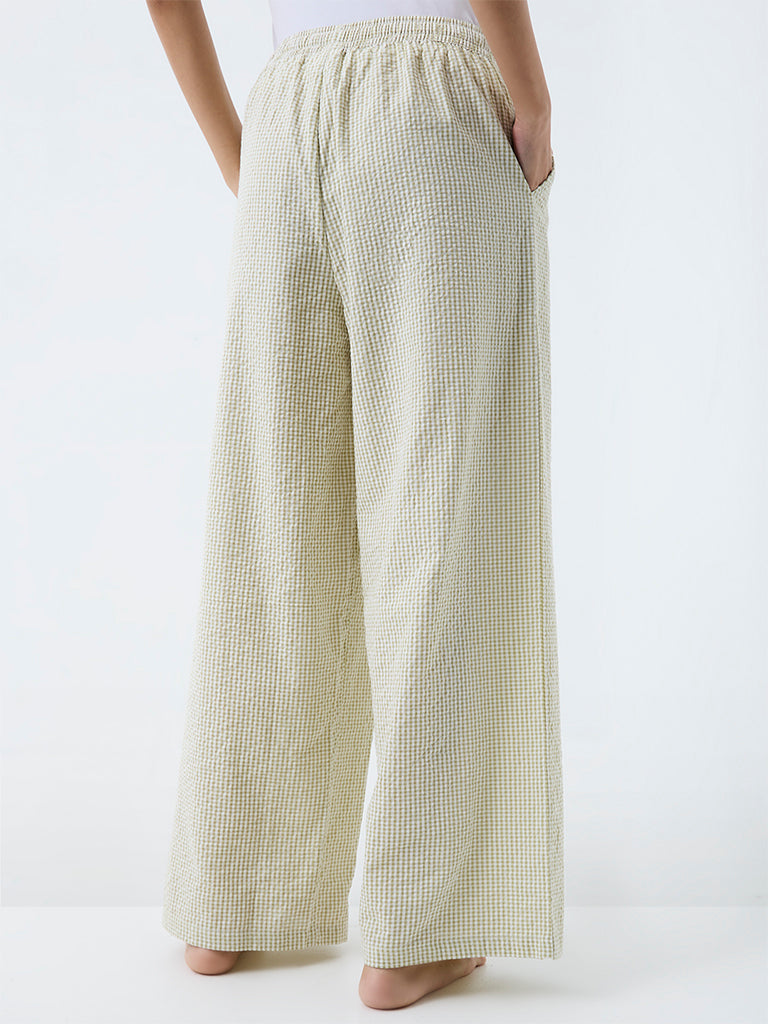 Wunderlove Sage Gingham Checkered High-Rise Cotton Pants