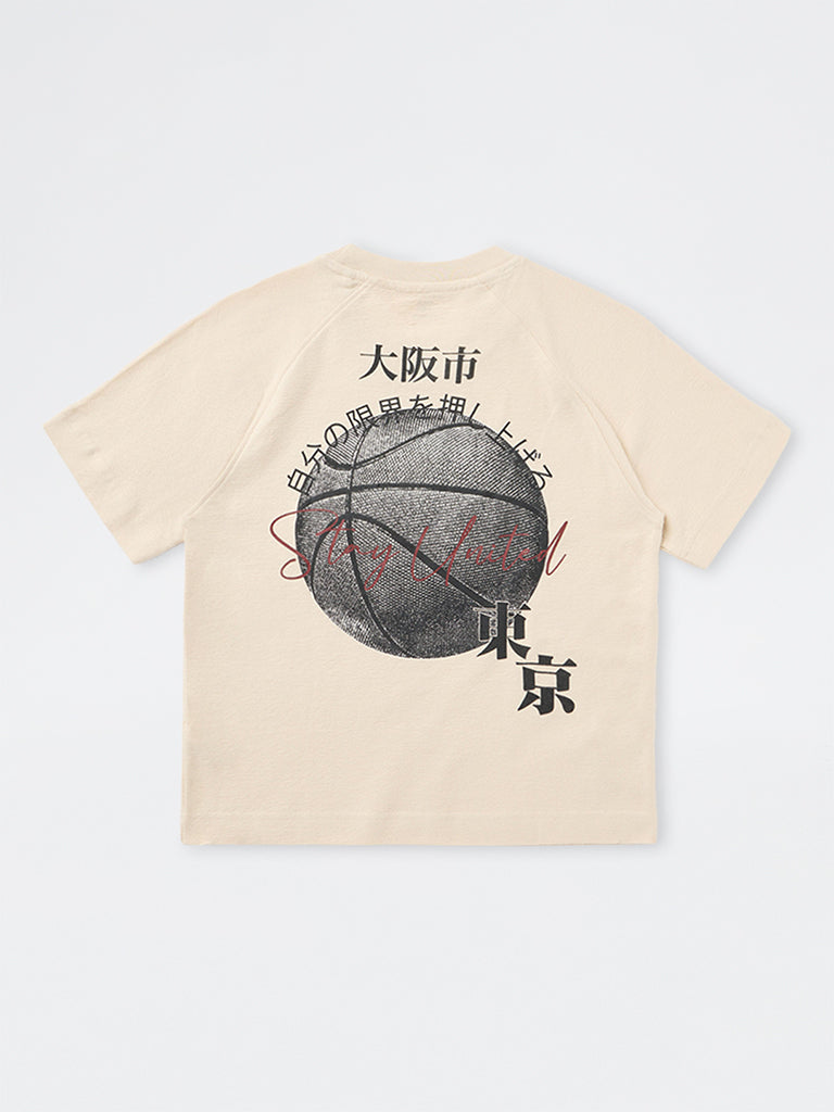 Boys Cream Graphic Printed Cotton T-Shirt