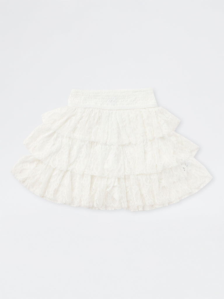 Girls White Lace Detailed Tiered High-Rise Skirt