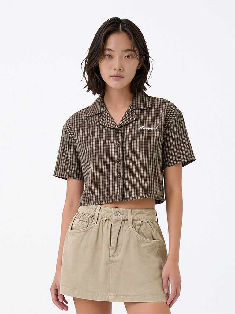 Girls Brown Checks Pattern Cotton Shirt