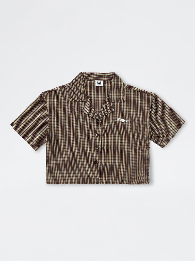 Girls Brown Checks Pattern Cotton Shirt