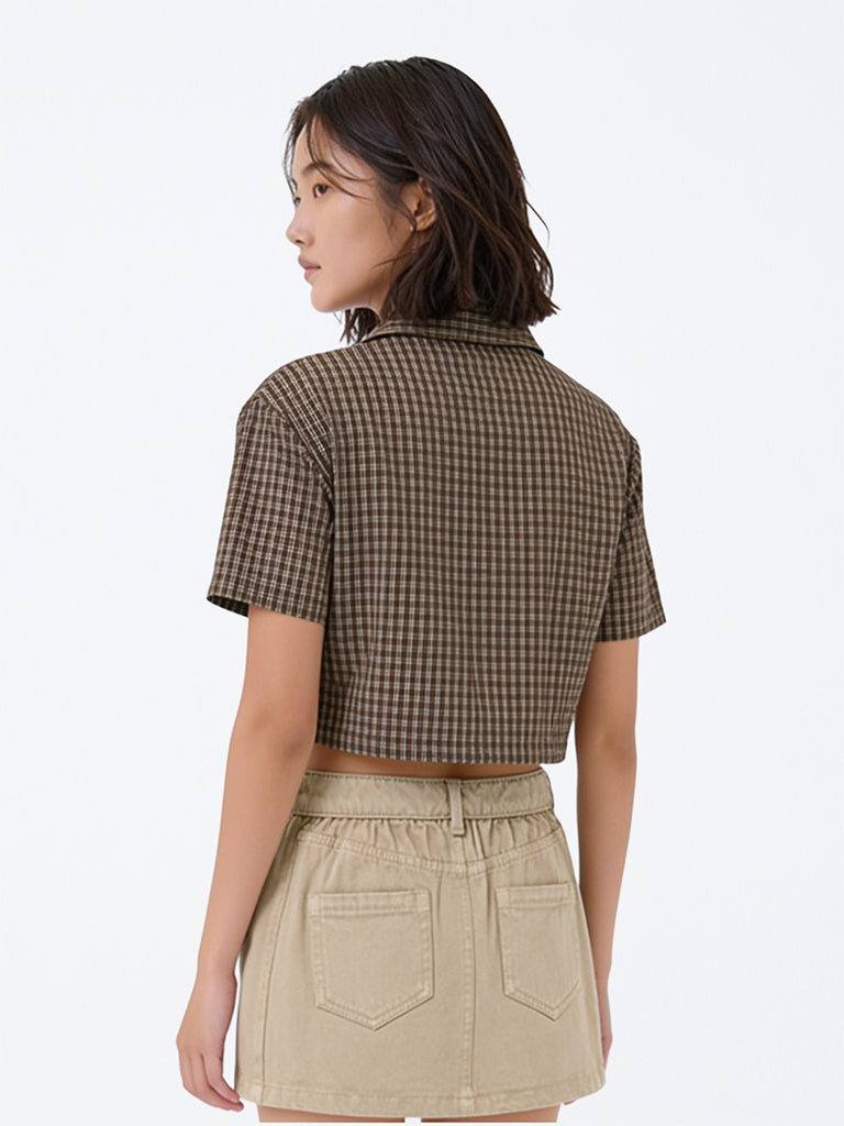 Girls Brown Checks Pattern Cotton Shirt