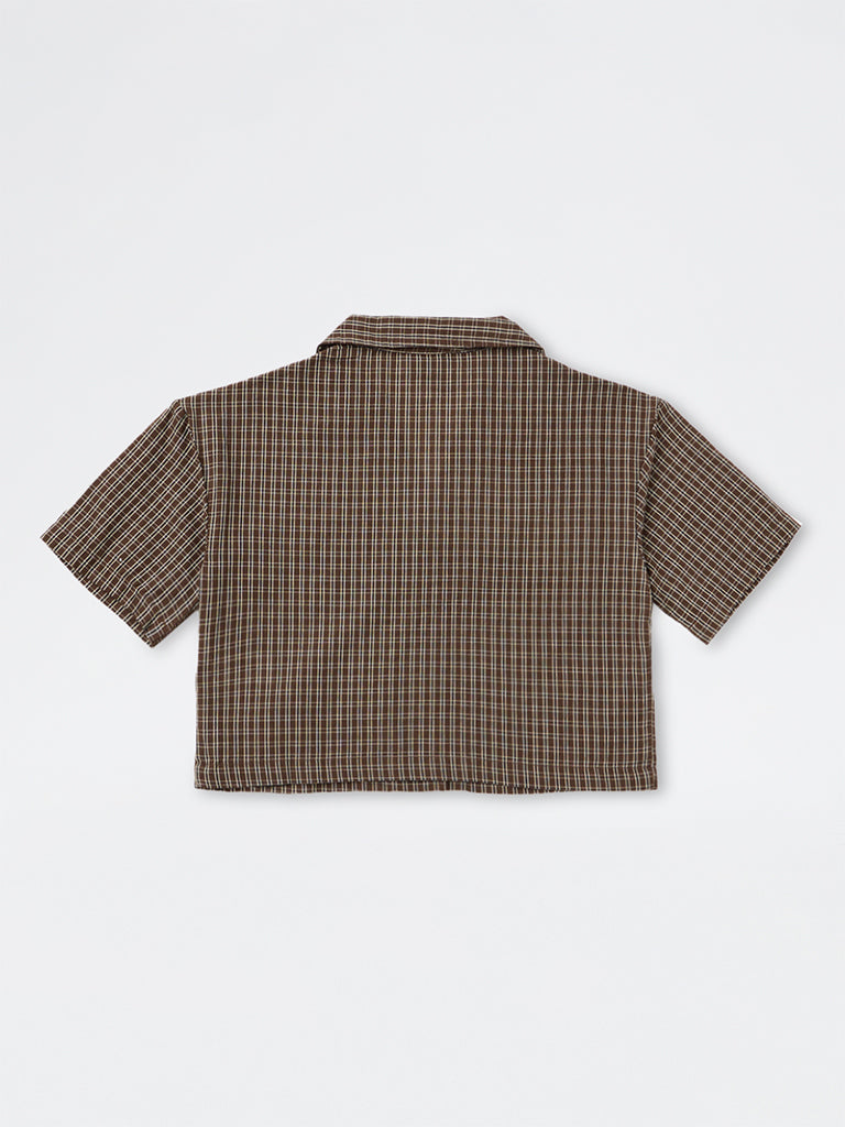 Girls Brown Checks Pattern Cotton Shirt