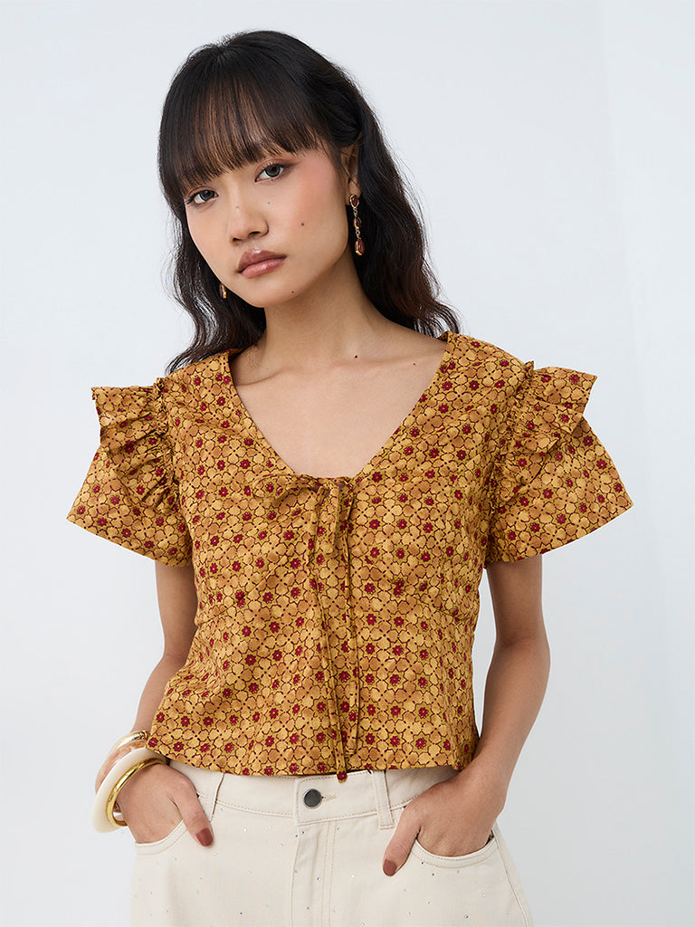 Bombay Paisley Mustard Floral Printed Tie-Up Cotton Top