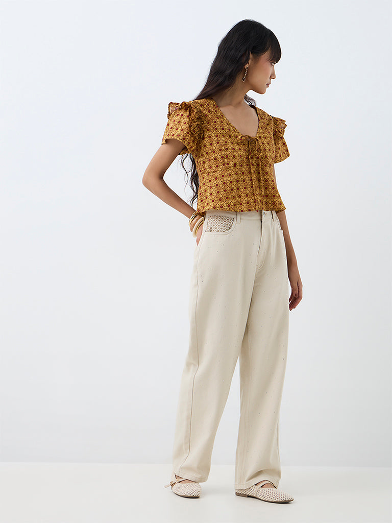 Bombay Paisley Mustard Floral Printed Tie-Up Cotton Top