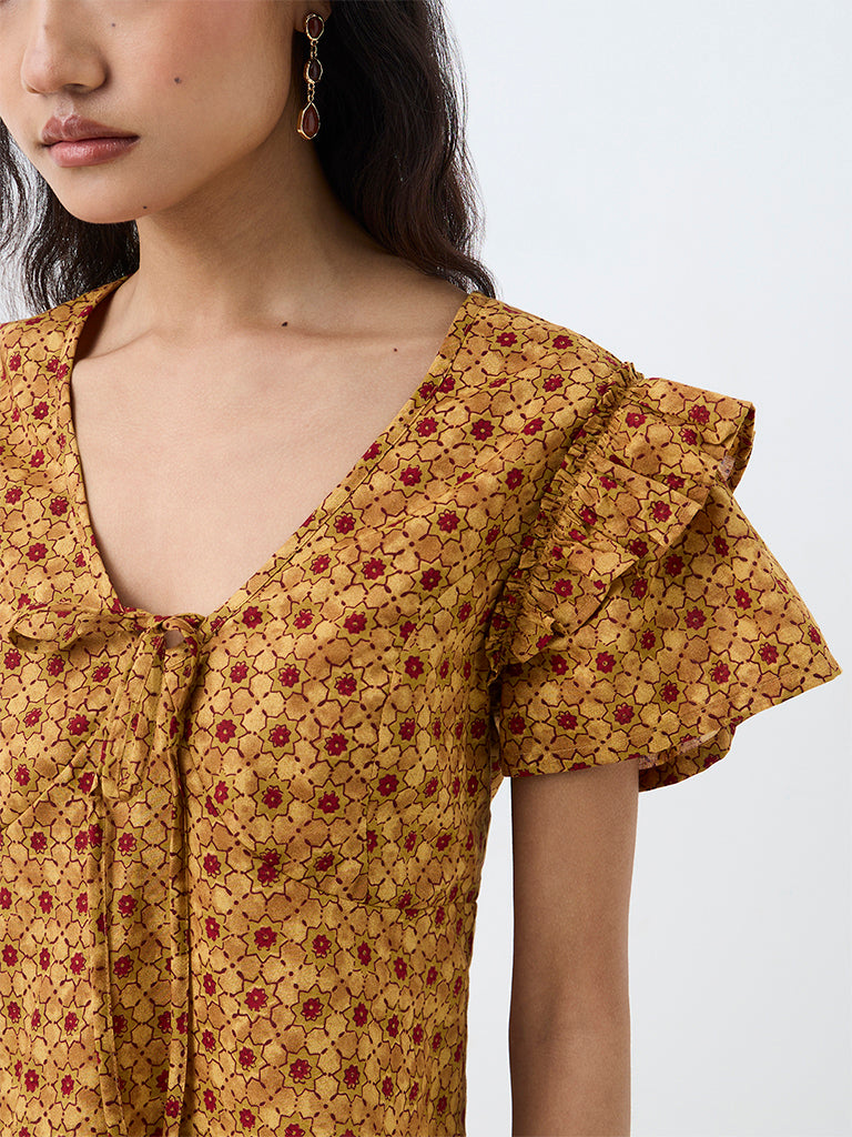 Bombay Paisley Mustard Floral Printed Tie-Up Cotton Top