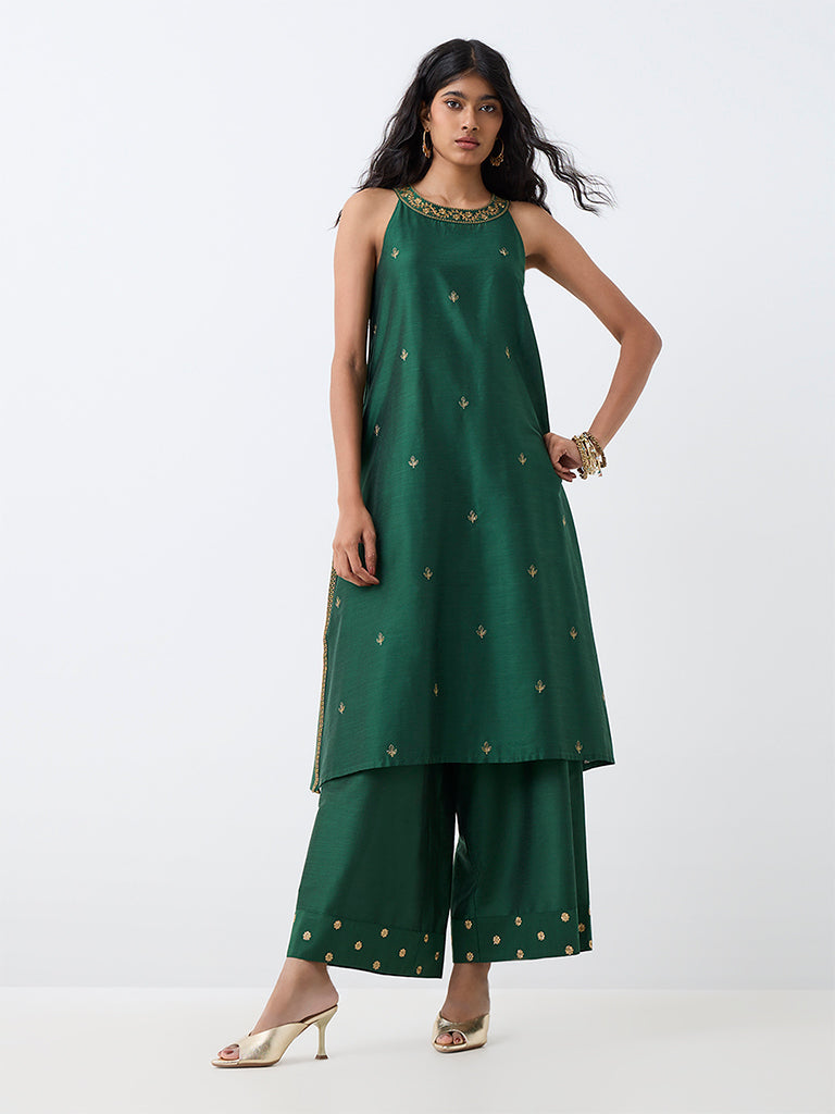 Utsa Dark Green Botanical Embroidered A-Line Kurta