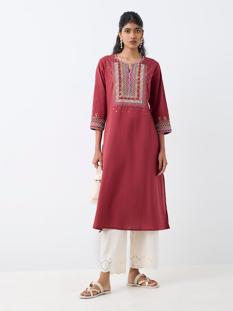 Utsa Red Embroidered Cotton-Blend A-Line Kurta