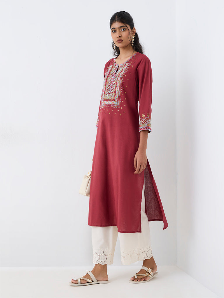 Utsa Red Embroidered Cotton-Blend A-Line Kurta
