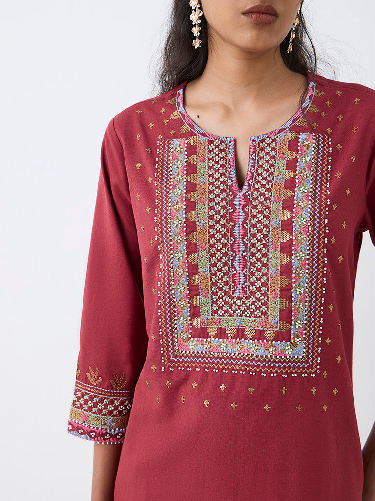 Utsa Red Embroidered Cotton-Blend A-Line Kurta