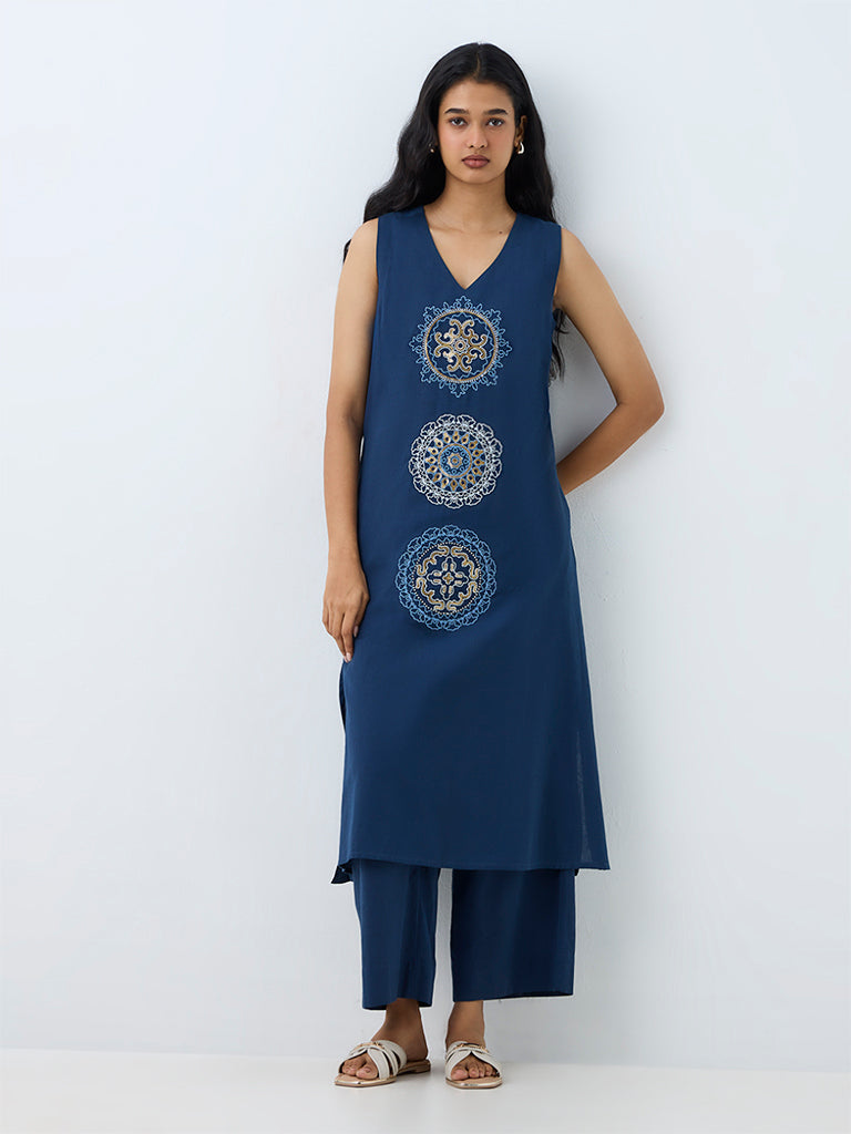 Utsa Indigo Embroidered Cotton-Blend A-Line Kurta