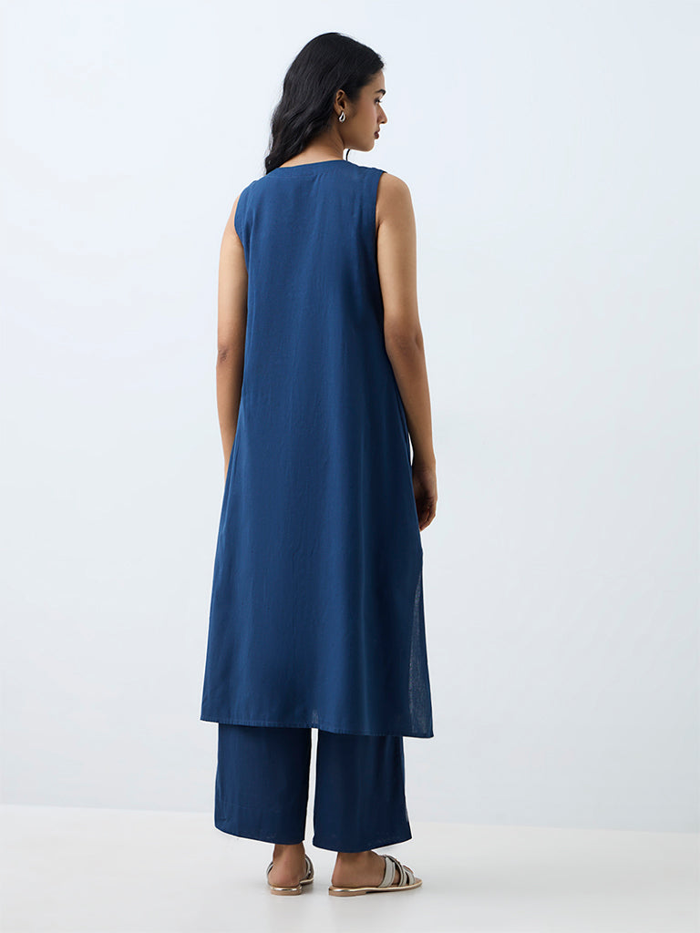 Utsa Indigo Embroidered Cotton-Blend A-Line Kurta
