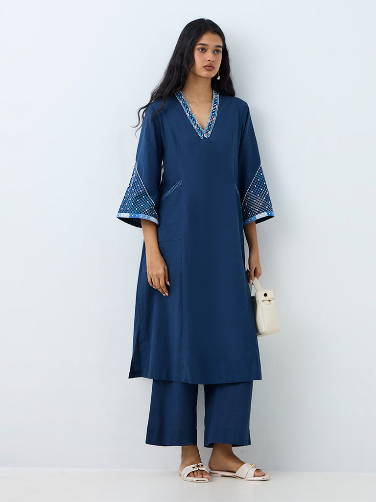 Utsa Indigo Embroidered Cotton-Blend A-Line Kurta