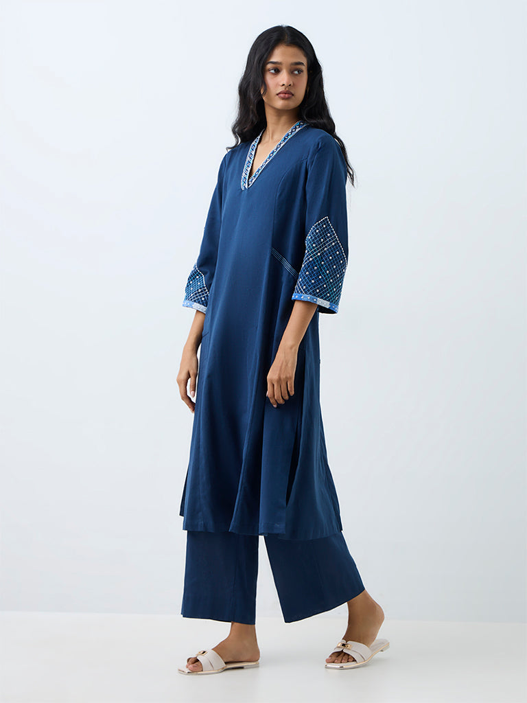 Utsa Indigo Embroidered Cotton-Blend A-Line Kurta