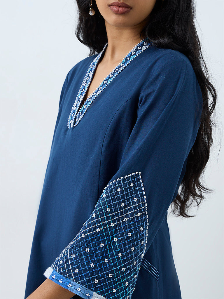 Utsa Indigo Embroidered Cotton-Blend A-Line Kurta