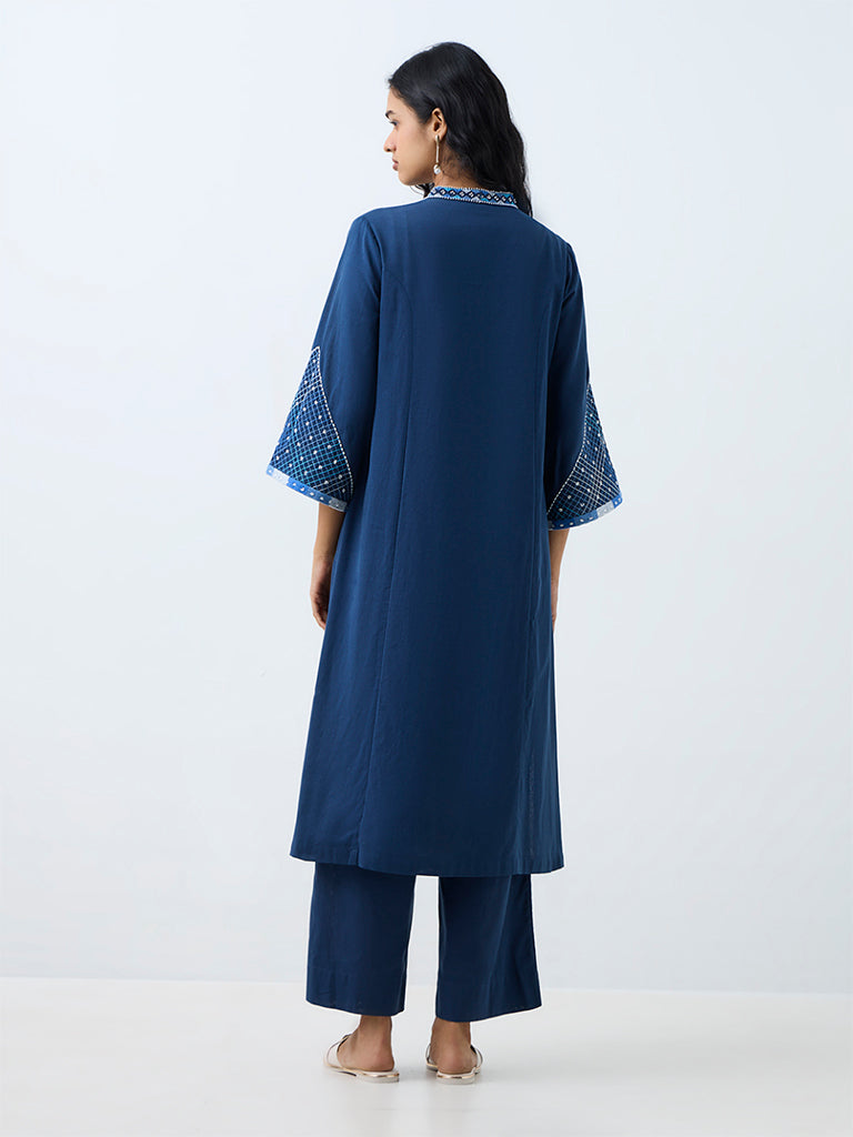 Utsa Indigo Embroidered Cotton-Blend A-Line Kurta