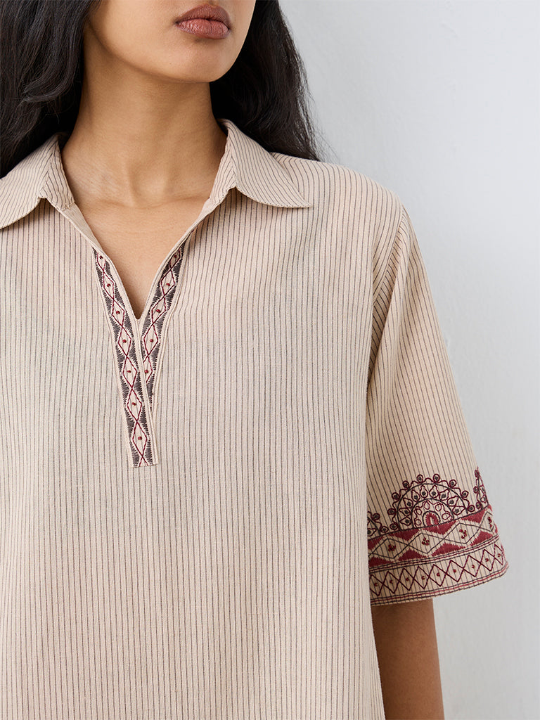 Utsa Light Beige Striped Cotton-Blend Tunic