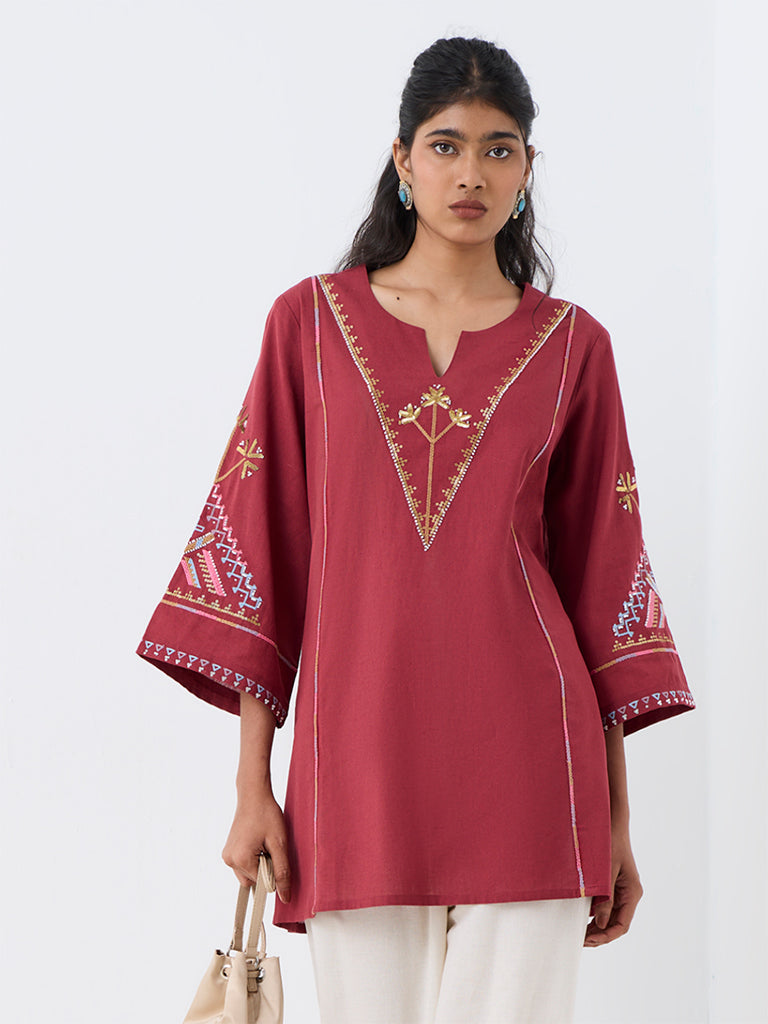 Utsa Red Geometric Embroidered Cotton-Blend Kurti