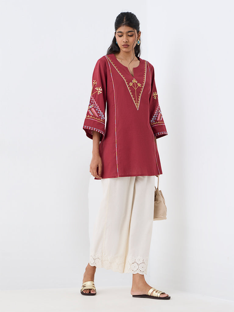 Utsa Red Geometric Embroidered Cotton-Blend Kurti