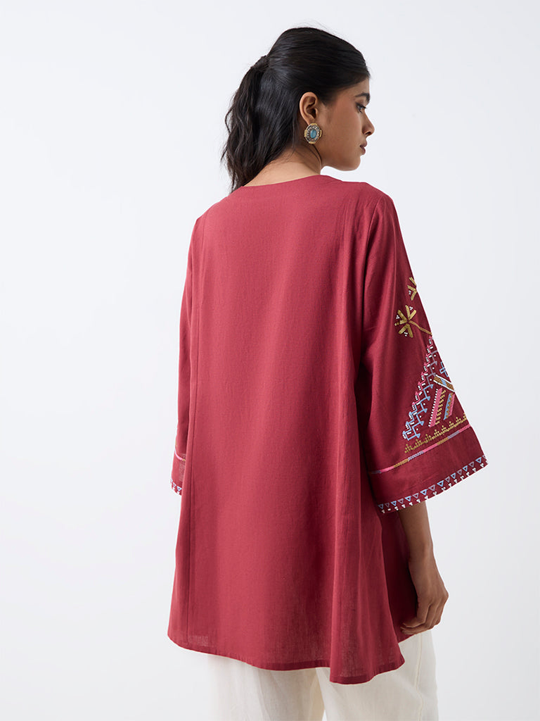 Utsa Red Geometric Embroidered Cotton-Blend Kurti