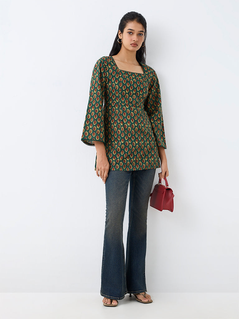 Utsa Dark Green Foliage Printed Cotton Kurti