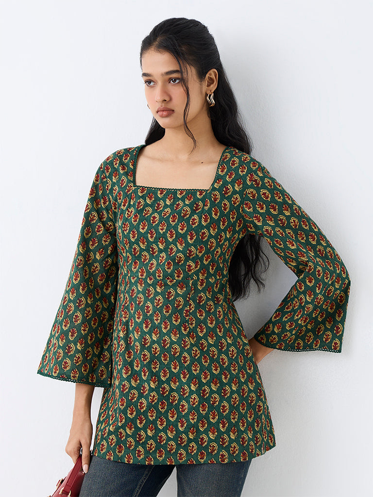 Utsa Dark Green Foliage Printed Cotton Kurti