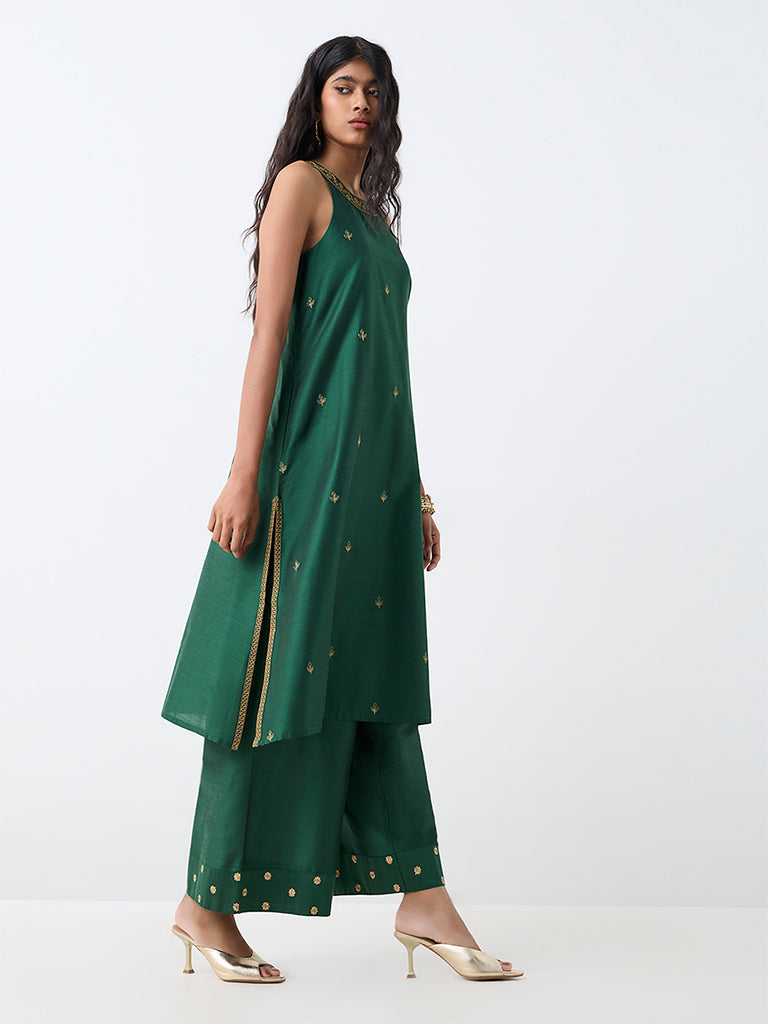 Utsa Dark Green Floral Embroidered Pants